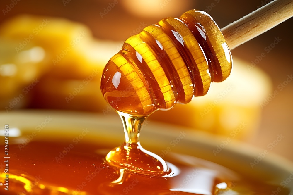 Poster close-up shot of dripping honey on a wooden dipper showcasing its glossy texture : generative ai