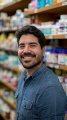 Naklejka premium A cheerful Hispanic American pharmacist stands confidently in a pharmacy, surrounded by shelves filled with various products