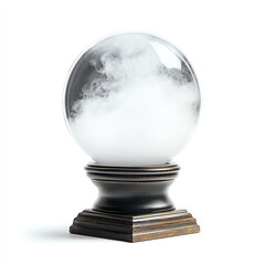 A mystical crystal ball resting on a decorative wooden base, filled with swirling mist, symbolizing divination and the quest for knowledge about the future.