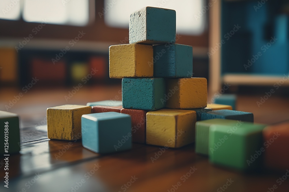 Leinwandbilder Vibrant Stack of Colorful Wooden Building Blocks on a Rustic Wooden Surface : Generative AI
