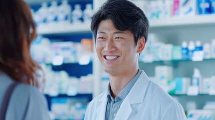 Fototapeta premium East Asian American male pharmacist greets customer with a warm smile in a well-stocked pharmacy during daytime