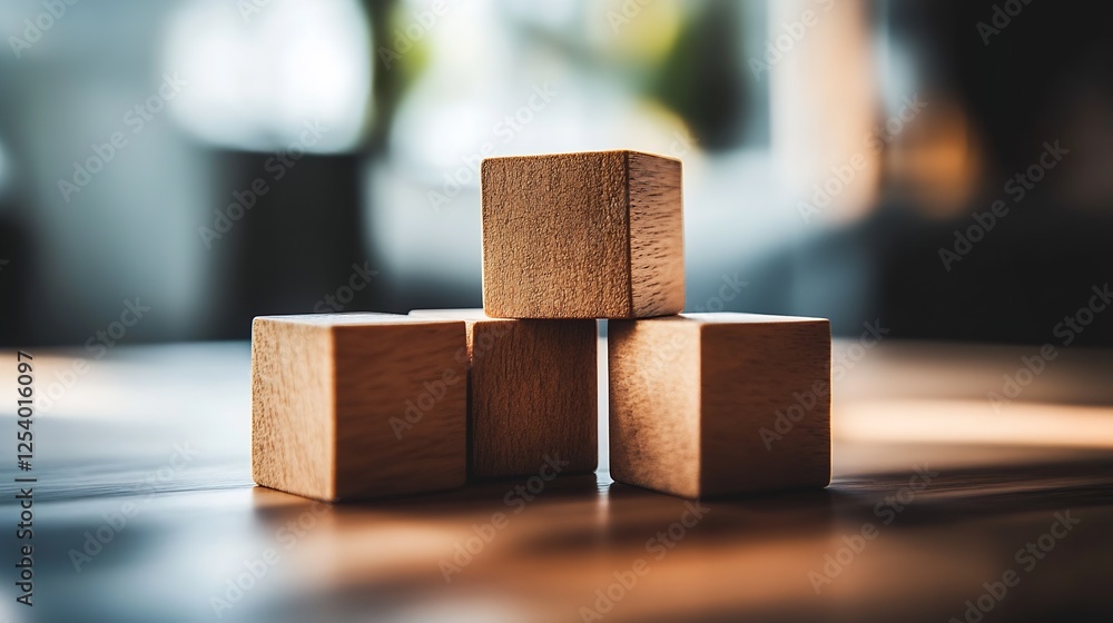Aufkleber close-up of four minimalist wooden blocks arranged artistically on a wooden table emphasizing their 