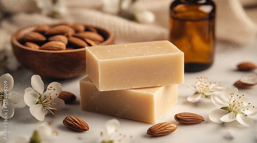 Poster close up of handcrafted natural soap bars with almonds and delicate flowers evoking a warm and invit