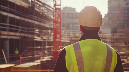 An atmospheric shot of a construction manager inspecting safety protocols at a bustling construction site, Safety management scene, Vigilant and authoritative style