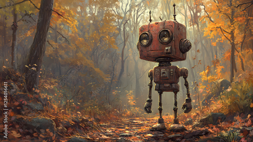 Wall mural rusty robot in autumn woods: a whimsical journey into the heart of nature with a unique mechanical c