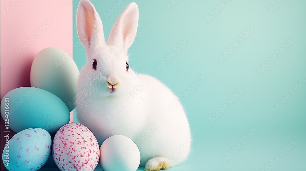 Poster charming white rabbit nestled among a variety of soft pastel easter eggs in spring colors : generati