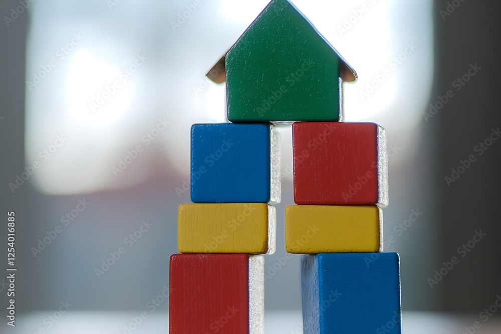 Aufkleber Vibrant Wooden Building Blocks Arranged to Create a Colorful Structure with a Green Roof : Generative AI