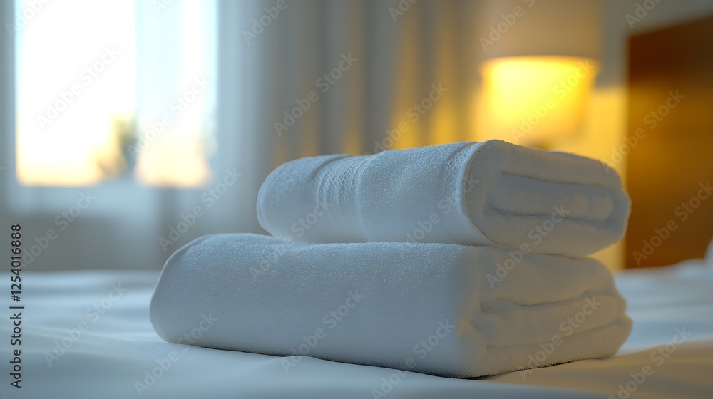 Poster elegant stacked white towels on a bed with beautiful natural light streaming through the window : ge
