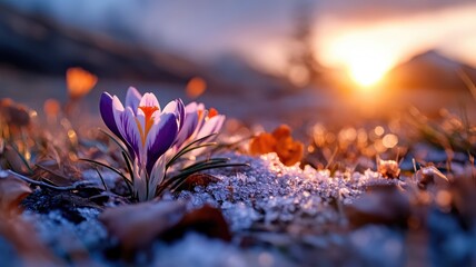 Purple crocus flower in snow at sunrise