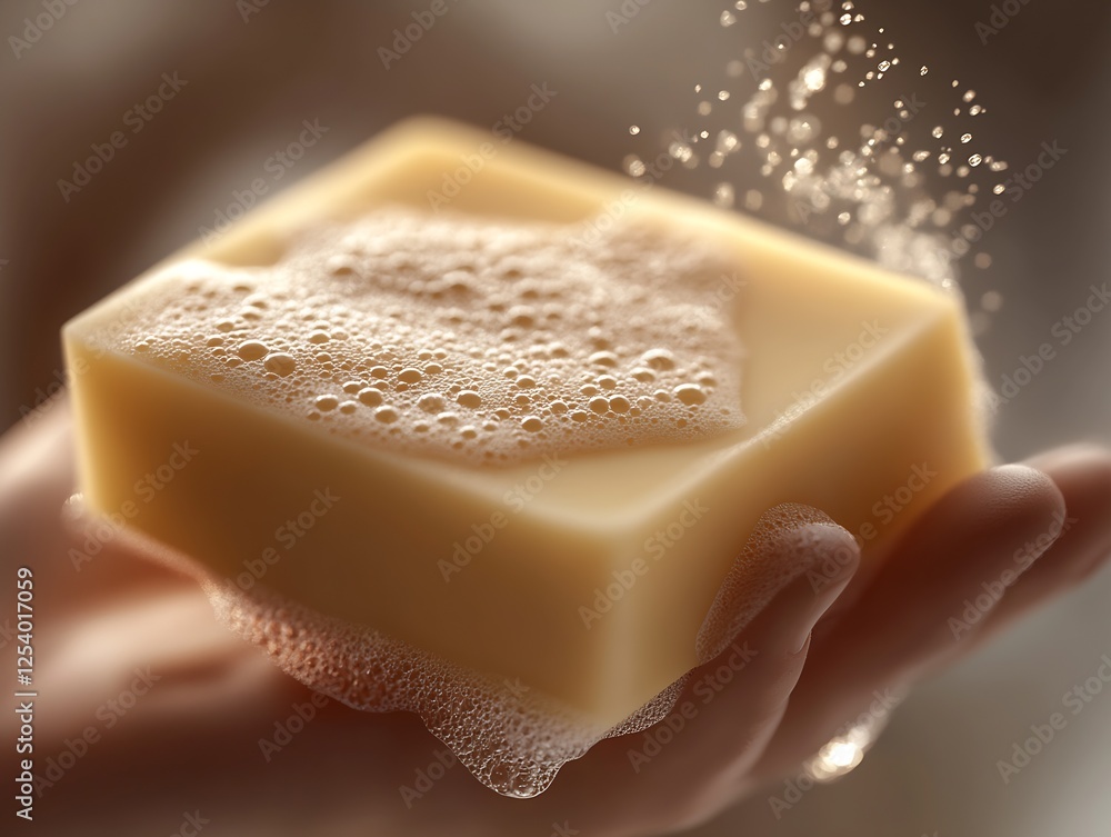 Poster Close-up of a soap bar in hand with rich foam and bubbles enhancing the cleanliness appeal : Generative AI