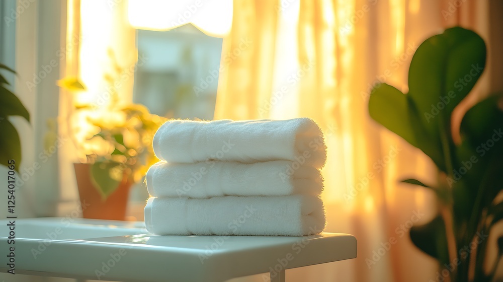 Aufkleber serene stacked white towels in bright sunlight with indoor plants and warm vibes : generative ai