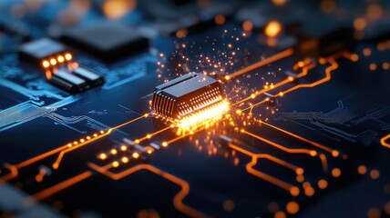 Obraz premium Bright, glowing microchip on futuristic circuit board