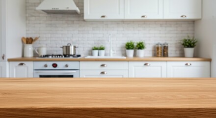 Fototapeta premium Close-up of a polished wooden kitchen counter in a bright modern kitchen