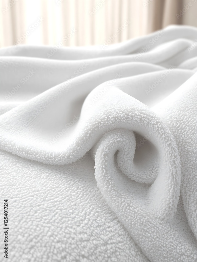 Poster close up view of a soft white blanket showcasing gentle folds and textures in bright natural light :