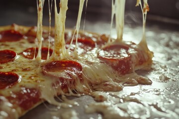 Pepperoni pizza slice with melted cheese strands pulled, highlighting its irresistible cheesy allure and classic savory delight.