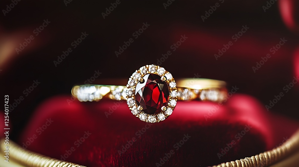 Poster stunning golden ring with a deep red gemstone set in a luxurious velvet display case : generative ai
