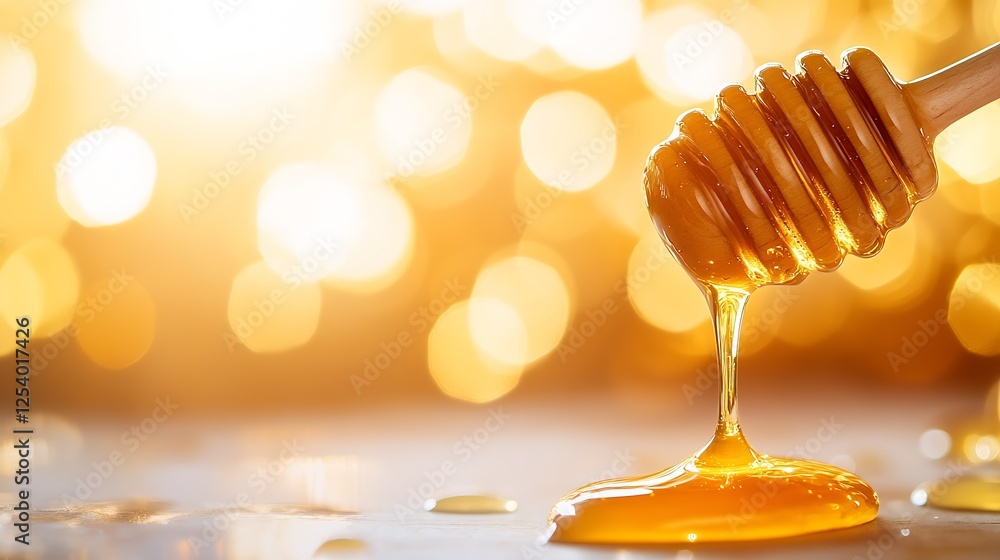 Poster delicious golden honey dripping elegantly from a wooden dipper with an enchanting bokeh background :