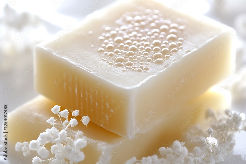 Aufkleber gorgeous view of two bars of creamy soap adorned with bubbles and surrounded by elegant white flower