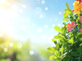 A dreamy composition of sunlit green foliage, colorful flowers on the right, and scattered bokeh against a summer sky.