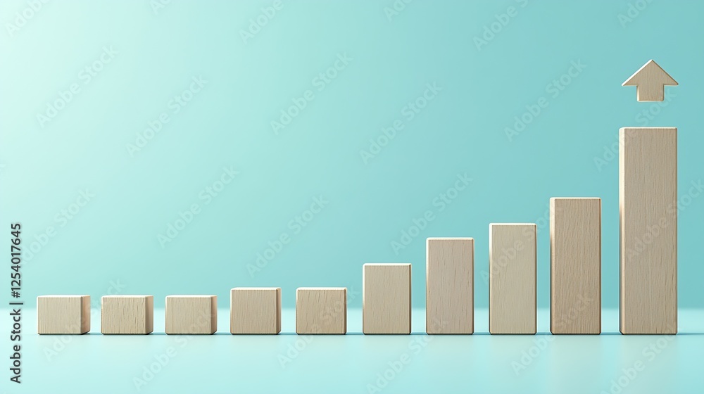 Aufkleber wooden blocks arranged to show progress with an arrow indicating growth on a light blue surface : ge