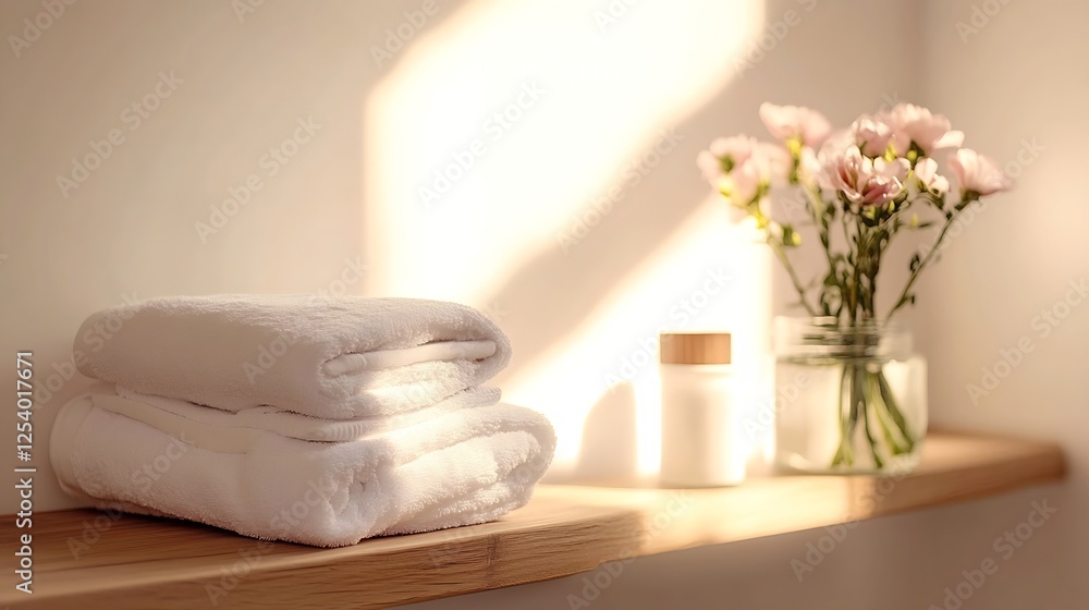 Poster luxuriously folded white towels accompanied by a delicate flower arrangement creating a serene and r