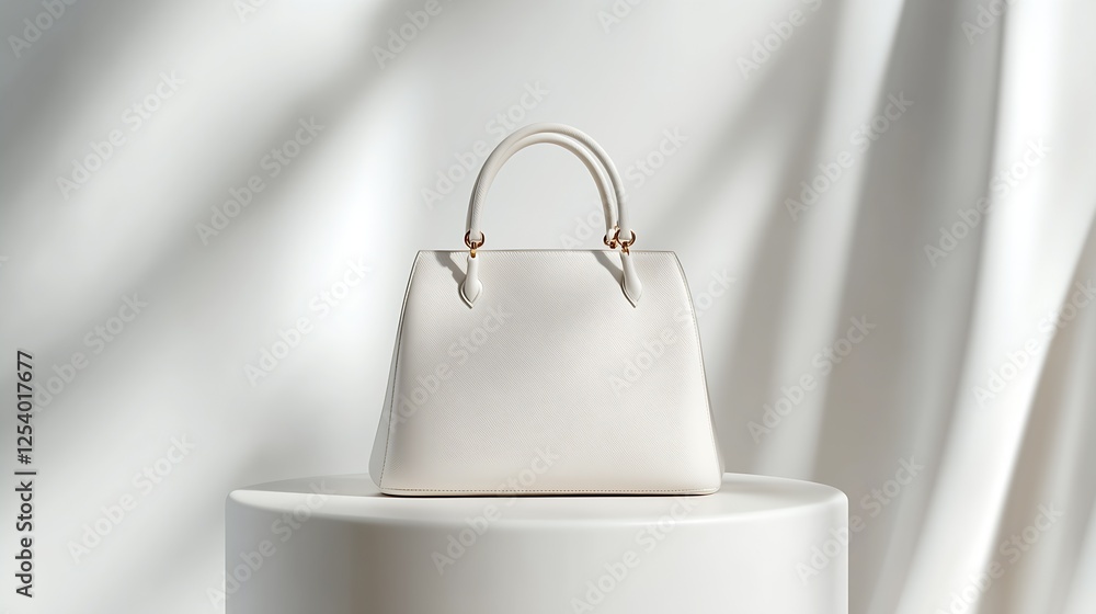 Poster stylish white handbag featured on a pedestal with minimalistic design and soft fabric backdrop for c