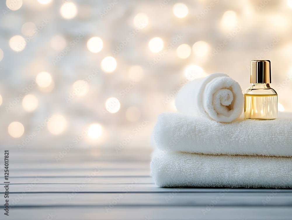 Aufkleber Elegant Close-Up of Essential Oil Bottle on Plush Towels in Soft Light Setting : Generative AI