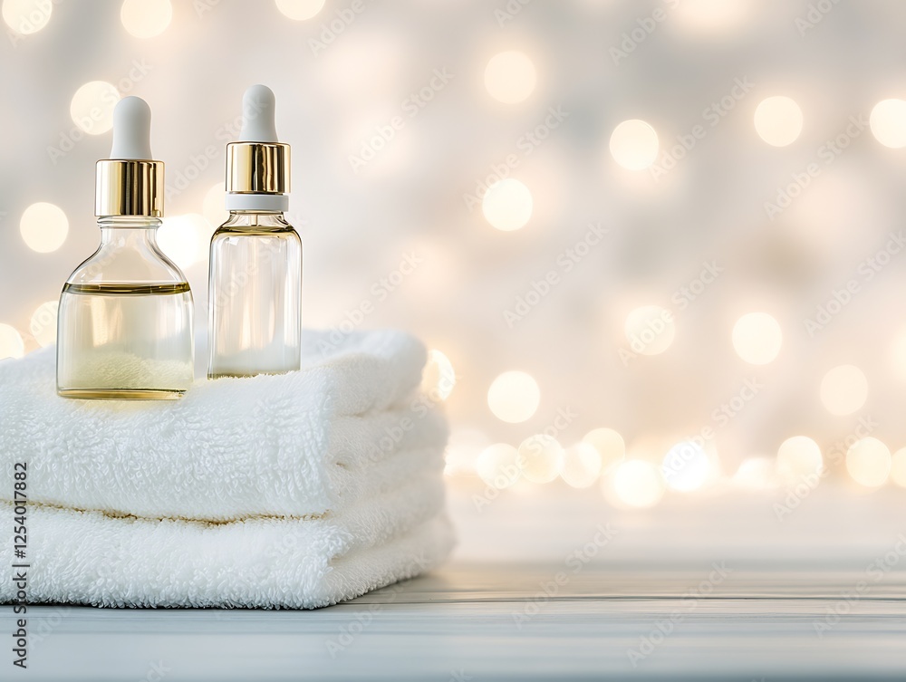 Poster stylish glass essential oil bottles placed on a stack of towels against a softly lit background for 