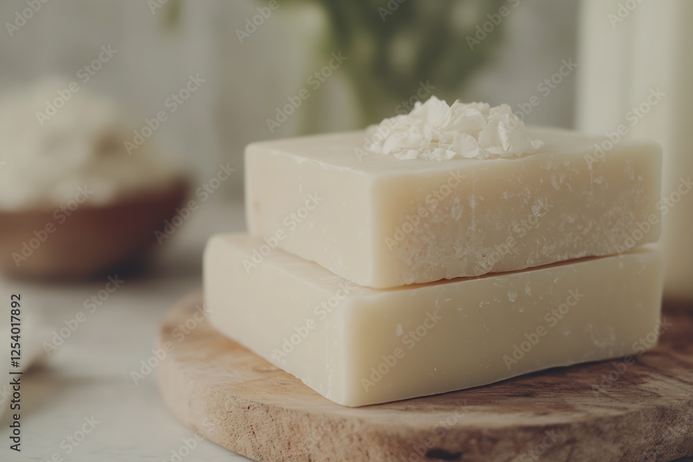 Poster close up of two creamy white soap bars with natural flakes on top arranged on a rustic wooden board 
