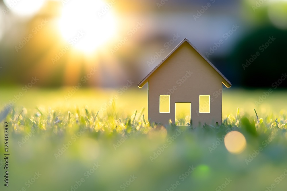 Poster charming paper house model surrounded by bright grass backlit by soft sunset glow : generative ai