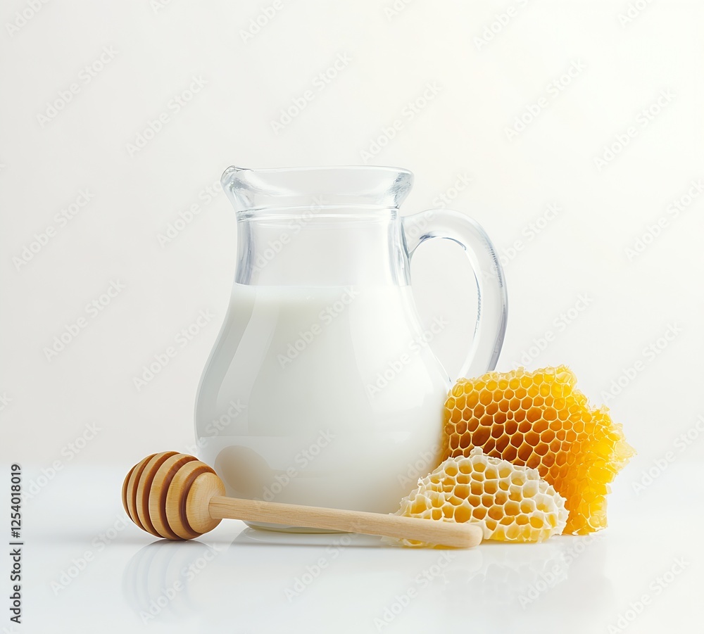 Poster glass pitcher of fresh milk with honeycomb and wooden dipper on a light background emphasizing healt