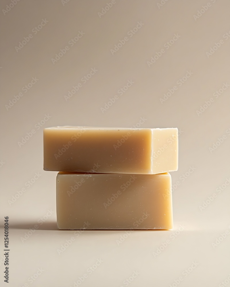 Poster Minimalist set of two creamy soap bars stacked on a smooth surface : Generative AI