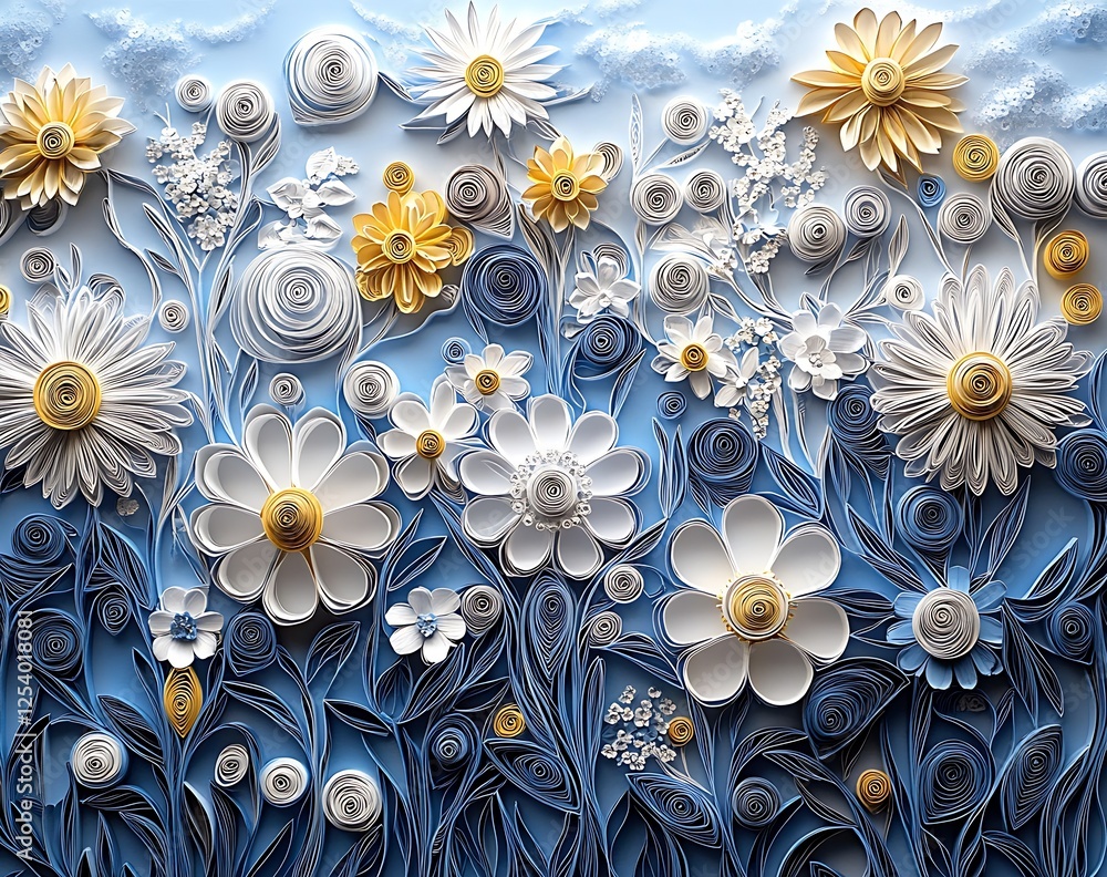 Poster Beautiful paper quilling artwork featuring an array of colorful flowers and lush greenery : Generative AI