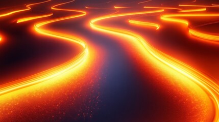Abstract glowing orange lines wend through a dark plane