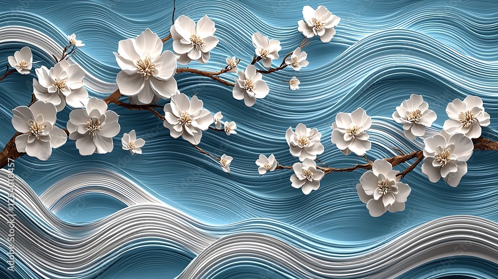 Poster captivating artificial white cherry blossoms connected by elegant branches on blue waves : generativ