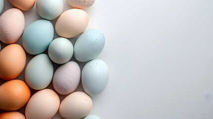 Pastel colored Easter eggs on white background. Flat lay composition. Spring holiday and celebration concept for seasonal design

