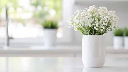 Fototapeta premium White flowers in vase on kitchen counter, bright window background, home decor