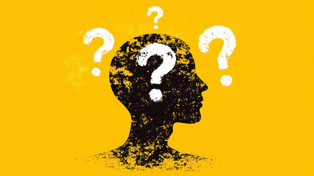 black male face silhouette from right side with four white question mark signs around his head. isolated on yellow background. questioning unclearity asking unclear not knowing looking for solution