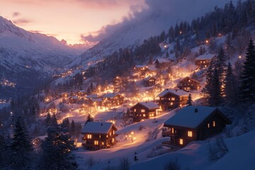 Fototapeta premium Snowy Mountain Village Night
