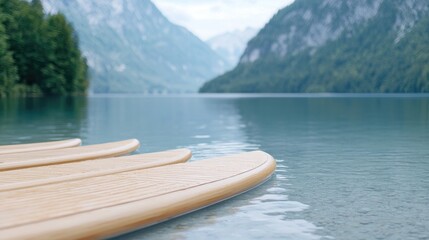 Obraz premium Calm lake scene with paddleboards, mountain background. Possible use stock photo for travel, leisure, and nature