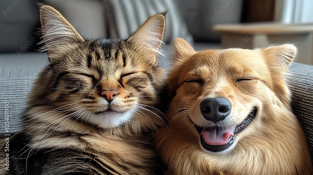 Poster charming close-up of a cat and dog smiling while cuddling on a couch exuding warmth and happiness : 