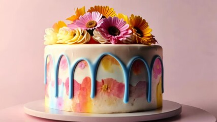 Creative cake decoration with colorful frosting and fresh flowers for special occasions