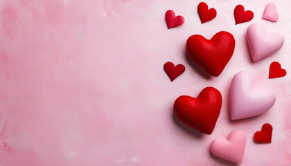Fototapeta premium Rosa Hintergrund mit roten und rosa Herzen, ideal für romantische Karten oder Liebeserklärungen. Sanft und liebevoll gestaltet. Generative KI.