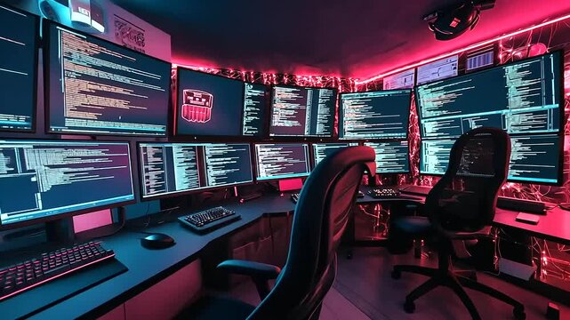 An immersive software development setup featuring multiple screens filled with flowing lines of Python, C++, and HTML code, enhanced by sci-fi-inspired neon lighting.