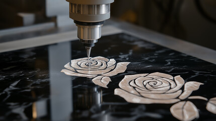 CNC machine precisely engraves floral patterns on polished granite. High-detail stone carving process for memorial plaques and tombstones.