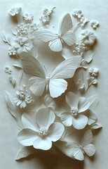 Detailed White Relief Art of Butterflies Blossoms and Nature for Interior Decoration Inspiration : Generative AI