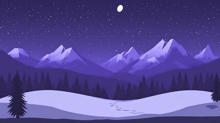 Snowy mountains, night scene, starry sky, winter wonderland, greeting card