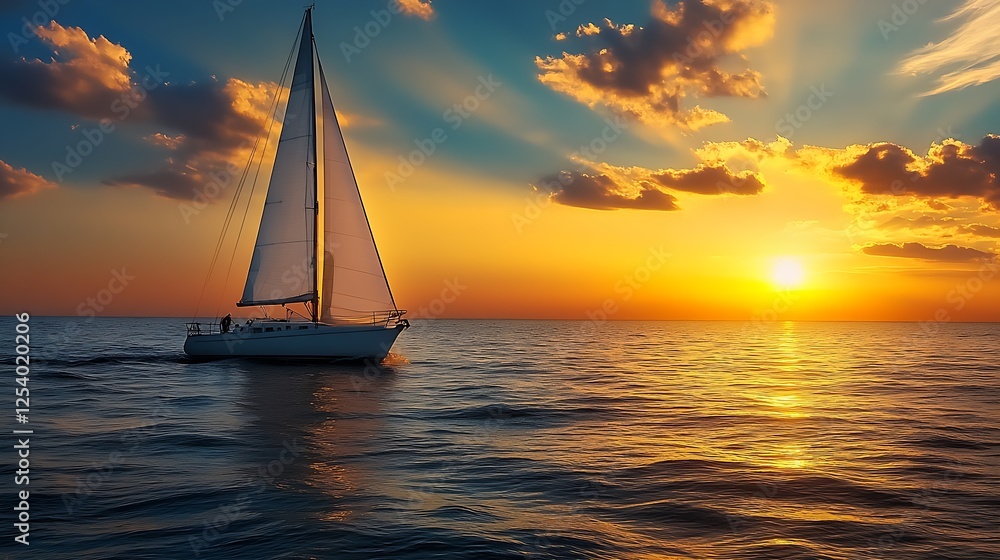 Poster Sailing into the sunset with a majestic sailboat navigating smooth waters and colorful sky : Generative AI