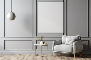 Minimalist gray living room with armchair, side table, hanging lamp, and blank wall. Modern and elegant design.