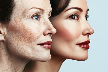 Obraz premium Stunning Comparison of Youthful Beauty and Natural Aging Demonstrating Timeless Female Faces : Generative AI